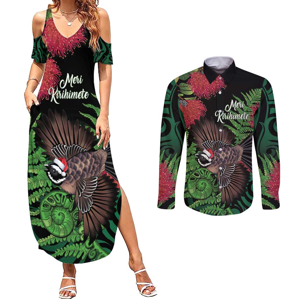 Meri Kirihimete New Zealand Couples Matching Summer Maxi Dress and Long Sleeve Button Shirt Piwakawaka Koru Fern Mix Pohutukawa LT14 Black - Polynesian Pride