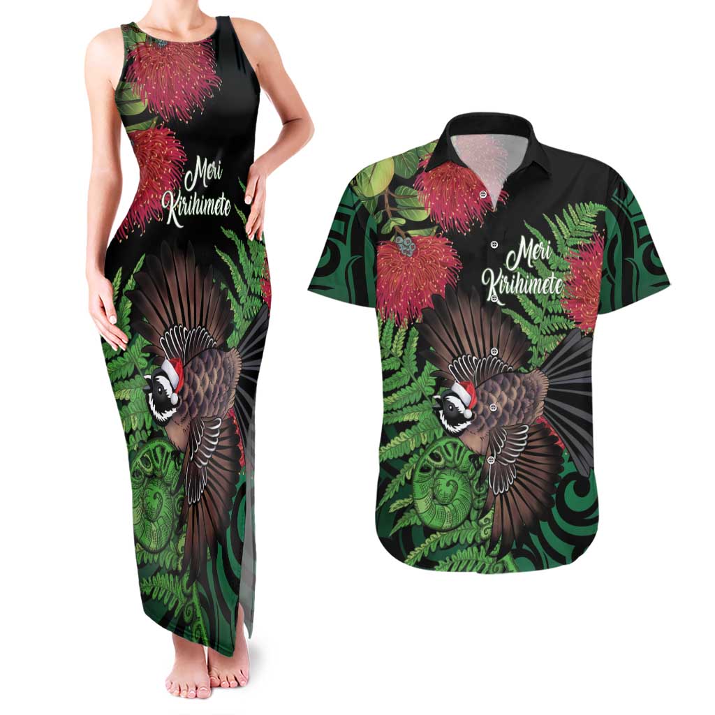 Meri Kirihimete New Zealand Couples Matching Tank Maxi Dress and Hawaiian Shirt Piwakawaka Koru Fern Mix Pohutukawa LT14 Black - Polynesian Pride