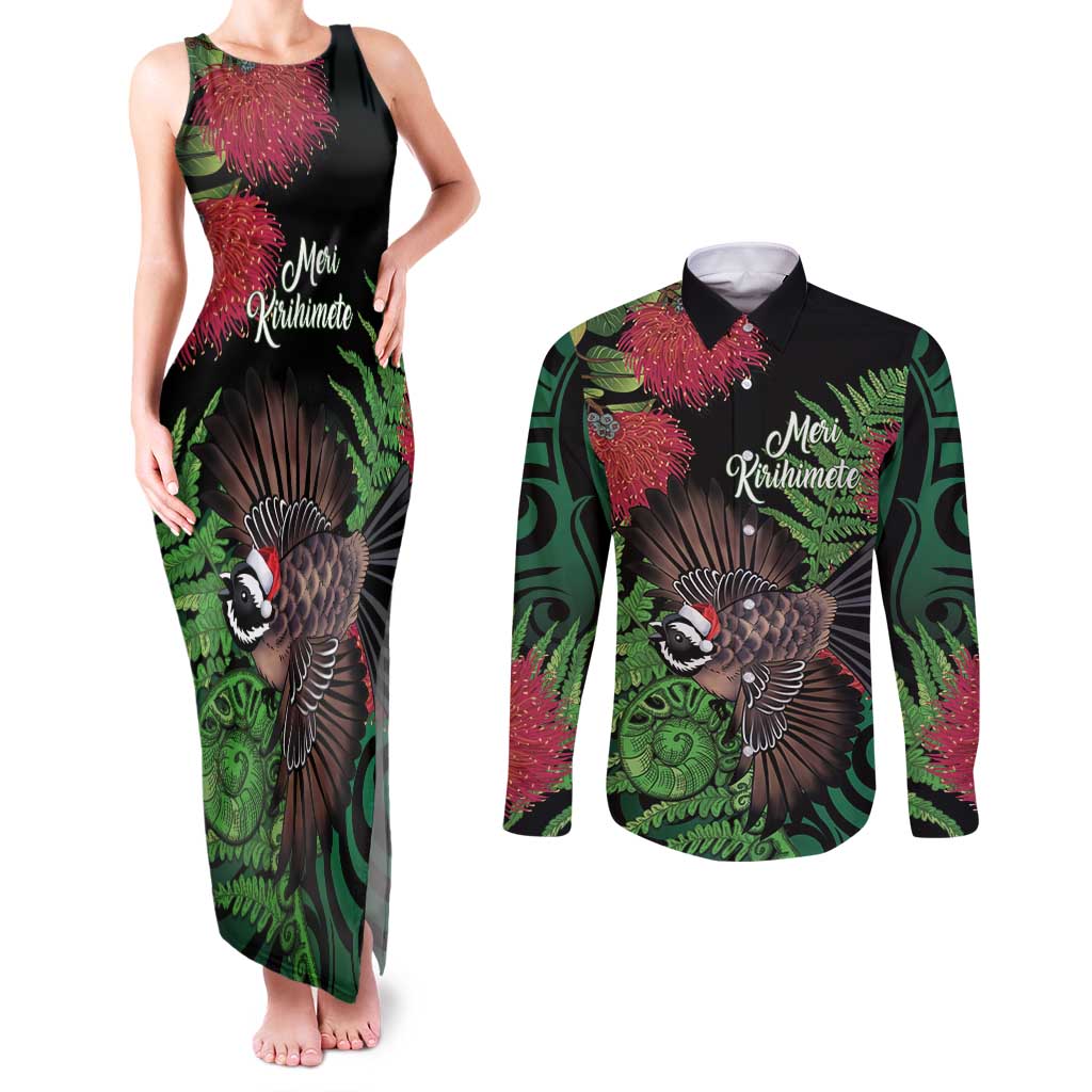 Meri Kirihimete New Zealand Couples Matching Tank Maxi Dress and Long Sleeve Button Shirt Piwakawaka Koru Fern Mix Pohutukawa LT14 Black - Polynesian Pride
