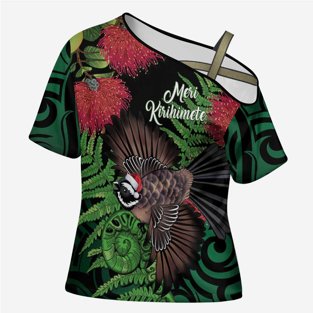 Meri Kirihimete New Zealand Cross Shoulder Shirt Piwakawaka Koru Fern Mix Pohutukawa LT14 Female Black - Polynesian Pride