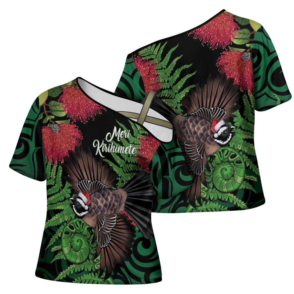 Meri Kirihimete New Zealand Cross Shoulder Shirt Piwakawaka Koru Fern Mix Pohutukawa LT14 - Polynesian Pride