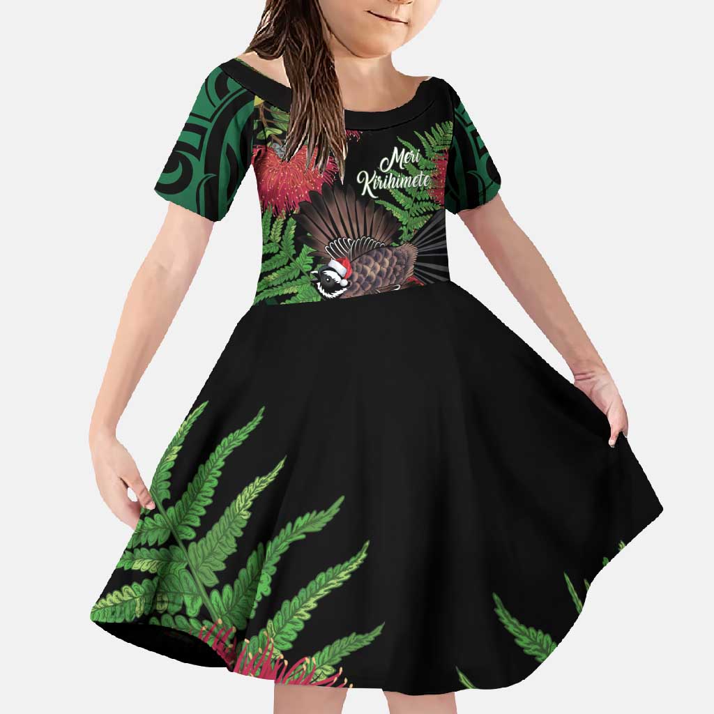 Meri Kirihimete New Zealand Family Matching Long Sleeve Bodycon Dress and Hawaiian Shirt Piwakawaka Koru Fern Mix Pohutukawa LT14 Daughter's Dress Black - Polynesian Pride
