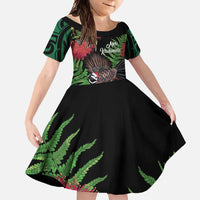 Meri Kirihimete New Zealand Family Matching Long Sleeve Bodycon Dress and Hawaiian Shirt Piwakawaka Koru Fern Mix Pohutukawa LT14 Daughter's Dress Black - Polynesian Pride