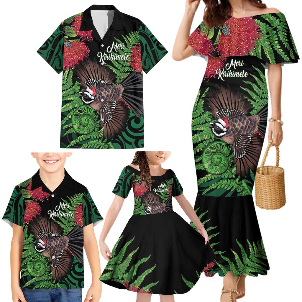 Meri Kirihimete New Zealand Family Matching Mermaid Dress and Hawaiian Shirt Piwakawaka Koru Fern Mix Pohutukawa LT14 - Polynesian Pride