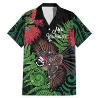 Meri Kirihimete New Zealand Family Matching Mermaid Dress and Hawaiian Shirt Piwakawaka Koru Fern Mix Pohutukawa LT14 Dad's Shirt - Short Sleeve Black - Polynesian Pride