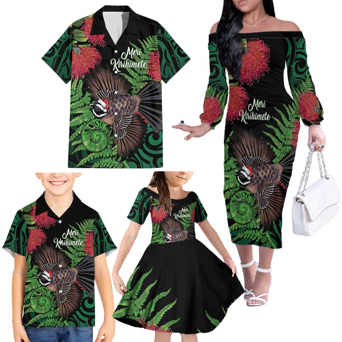 Meri Kirihimete New Zealand Family Matching Off The Shoulder Long Sleeve Dress and Hawaiian Shirt Piwakawaka Koru Fern Mix Pohutukawa LT14 - Polynesian Pride