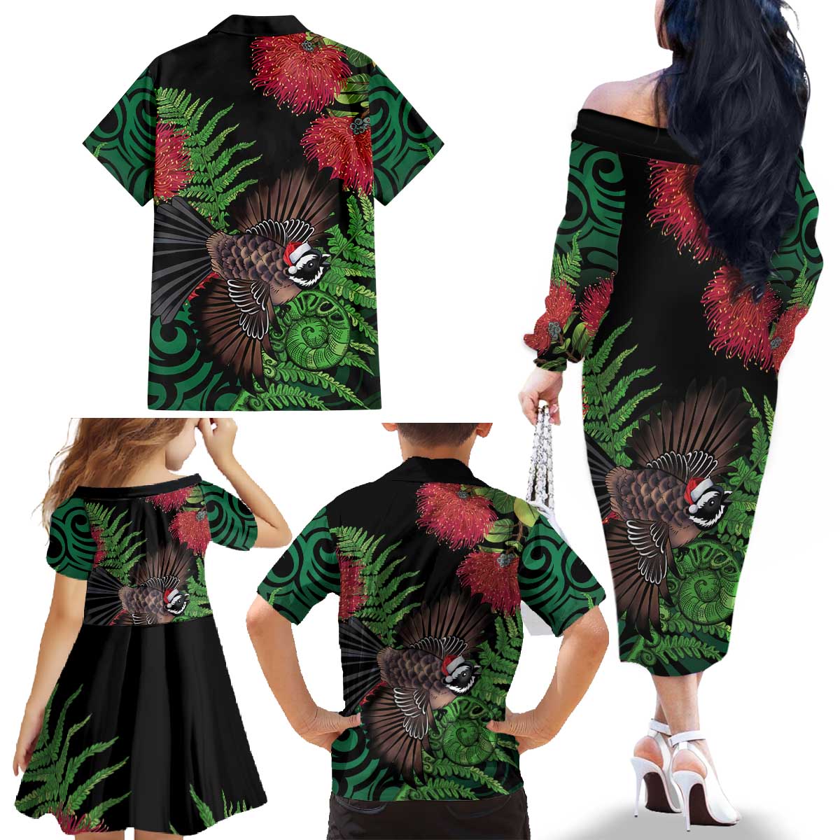 Meri Kirihimete New Zealand Family Matching Off The Shoulder Long Sleeve Dress and Hawaiian Shirt Piwakawaka Koru Fern Mix Pohutukawa LT14 - Polynesian Pride