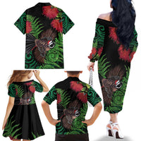 Meri Kirihimete New Zealand Family Matching Off The Shoulder Long Sleeve Dress and Hawaiian Shirt Piwakawaka Koru Fern Mix Pohutukawa LT14 - Polynesian Pride