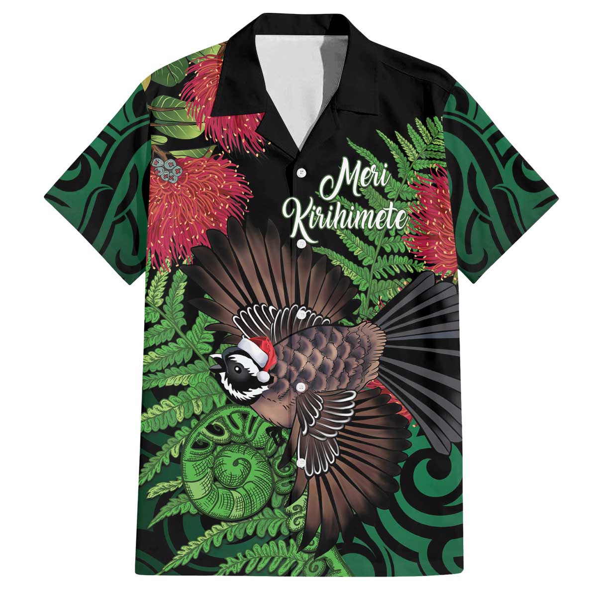 Meri Kirihimete New Zealand Family Matching Off The Shoulder Long Sleeve Dress and Hawaiian Shirt Piwakawaka Koru Fern Mix Pohutukawa LT14 Dad's Shirt - Short Sleeve Black - Polynesian Pride