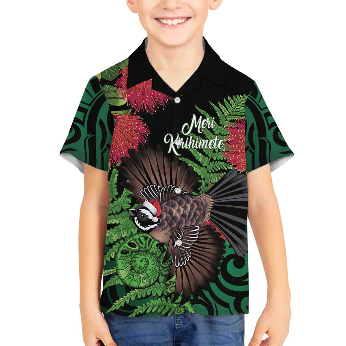 Meri Kirihimete New Zealand Family Matching Off The Shoulder Long Sleeve Dress and Hawaiian Shirt Piwakawaka Koru Fern Mix Pohutukawa LT14 Son's Shirt Black - Polynesian Pride