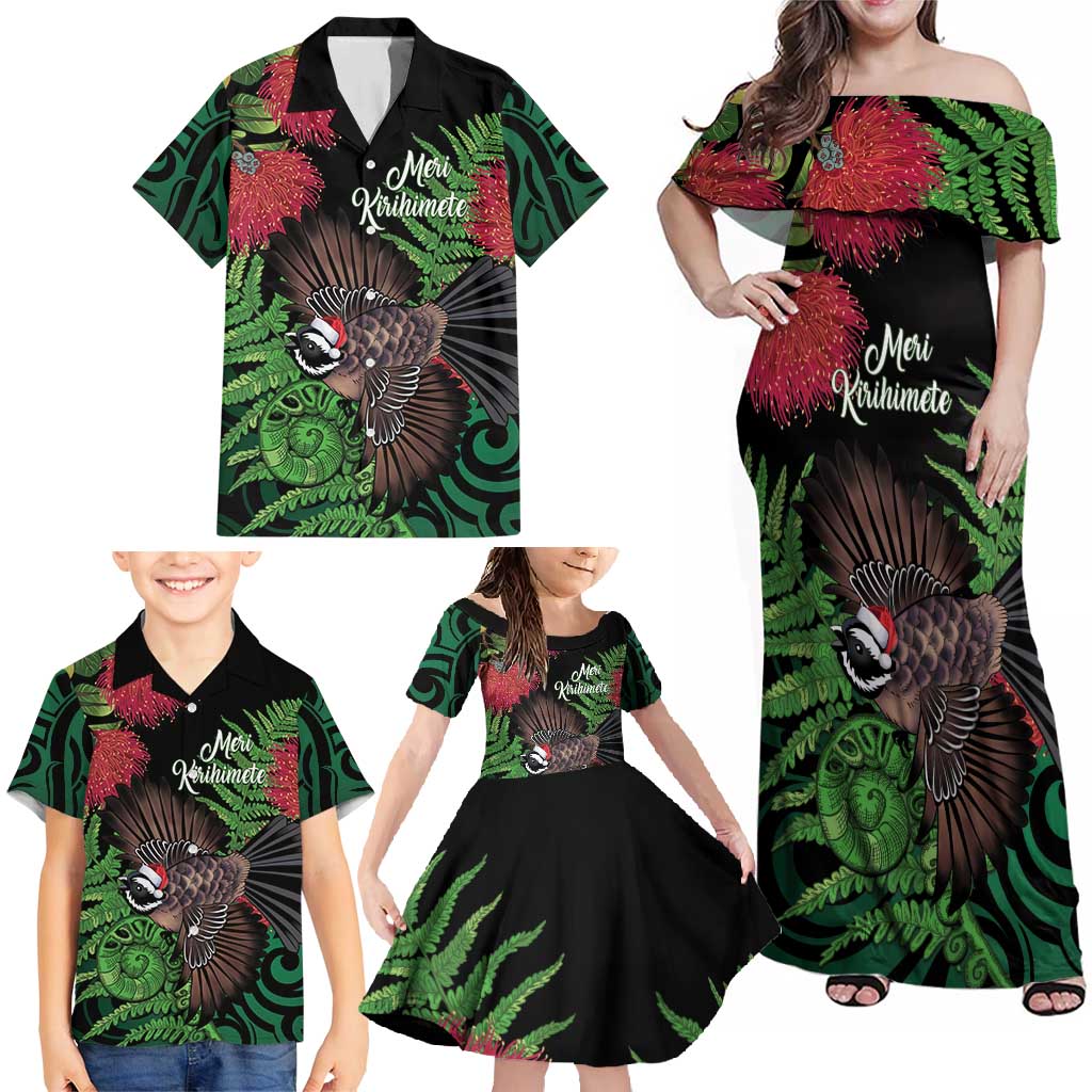 Meri Kirihimete New Zealand Family Matching Off Shoulder Maxi Dress and Hawaiian Shirt Piwakawaka Koru Fern Mix Pohutukawa LT14 - Polynesian Pride