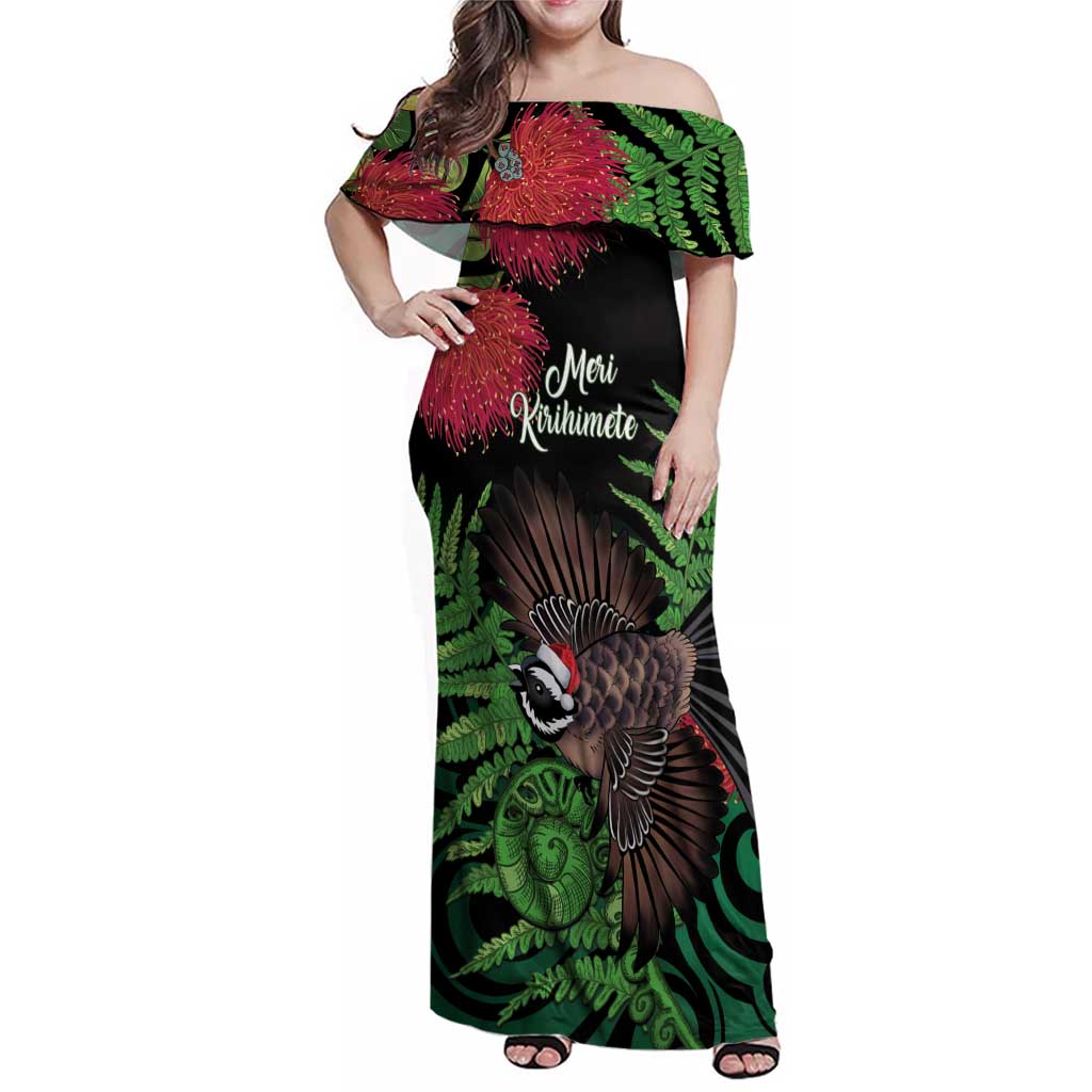 Meri Kirihimete New Zealand Family Matching Off Shoulder Maxi Dress and Hawaiian Shirt Piwakawaka Koru Fern Mix Pohutukawa LT14 Mom's Dress Black - Polynesian Pride