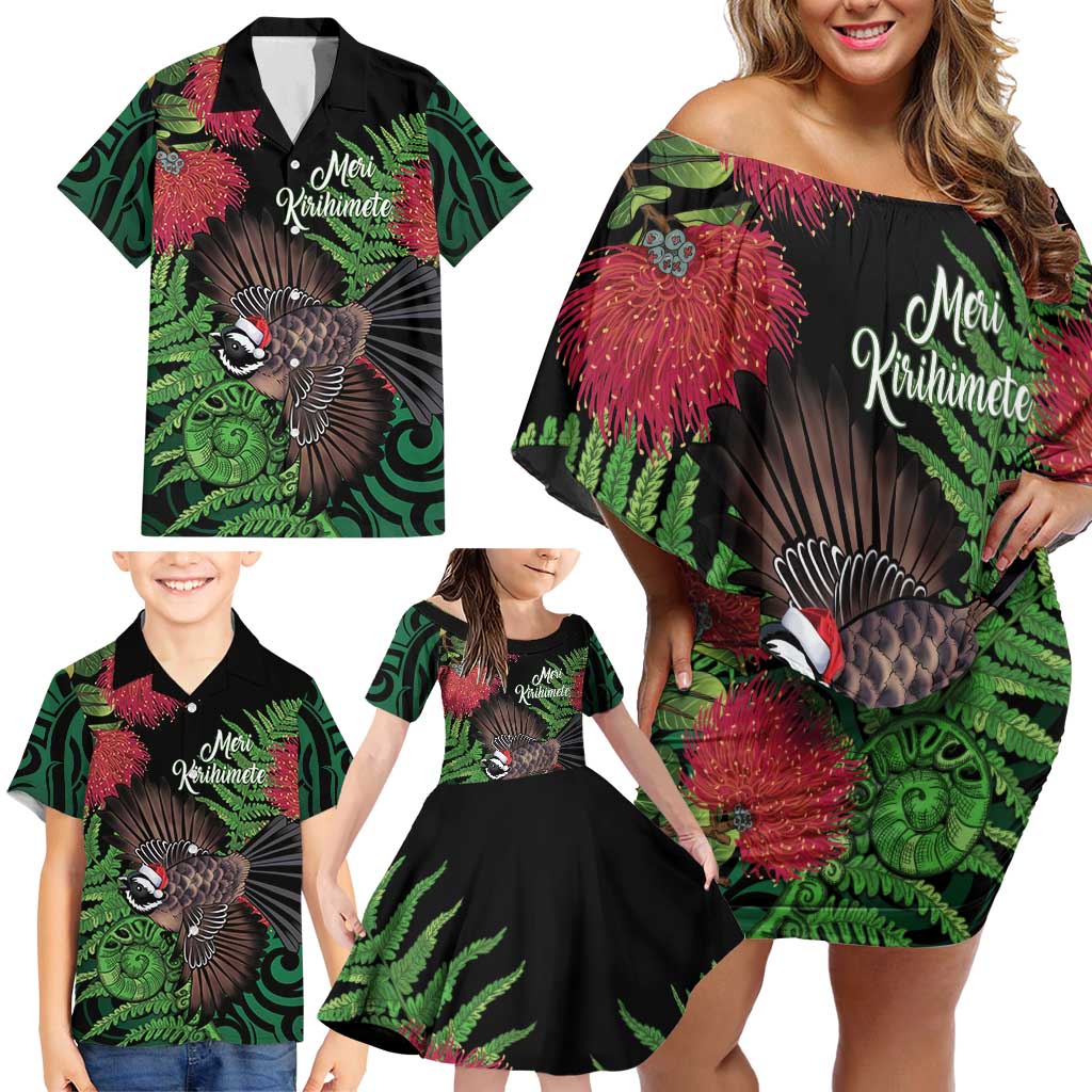 Meri Kirihimete New Zealand Family Matching Off Shoulder Short Dress and Hawaiian Shirt Piwakawaka Koru Fern Mix Pohutukawa LT14 - Polynesian Pride