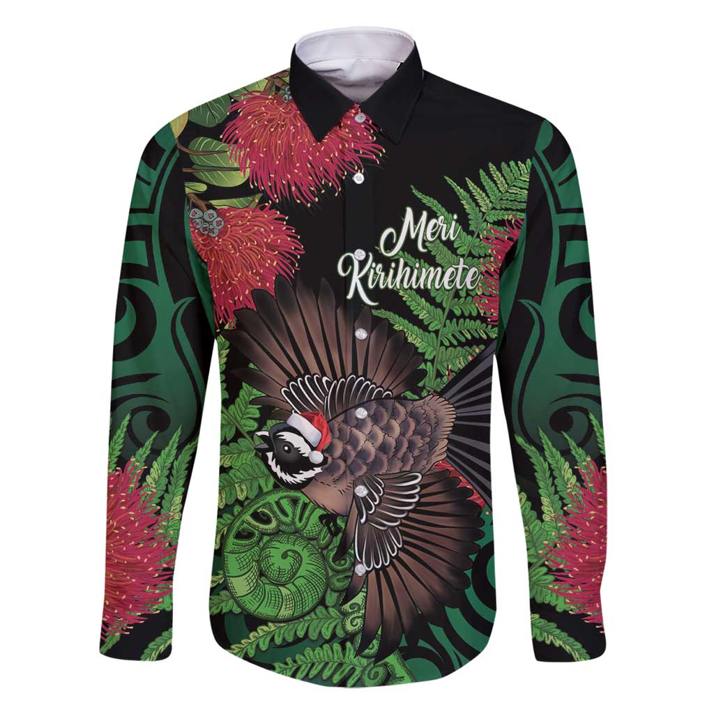 Meri Kirihimete New Zealand Family Matching Off Shoulder Short Dress and Hawaiian Shirt Piwakawaka Koru Fern Mix Pohutukawa LT14 Dad's Shirt - Long Sleeve Black - Polynesian Pride