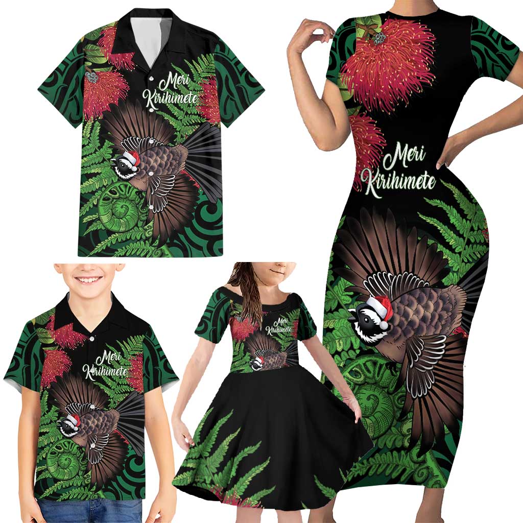 Meri Kirihimete New Zealand Family Matching Short Sleeve Bodycon Dress and Hawaiian Shirt Piwakawaka Koru Fern Mix Pohutukawa LT14 - Polynesian Pride