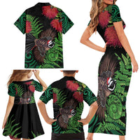 Meri Kirihimete New Zealand Family Matching Short Sleeve Bodycon Dress and Hawaiian Shirt Piwakawaka Koru Fern Mix Pohutukawa LT14 - Polynesian Pride