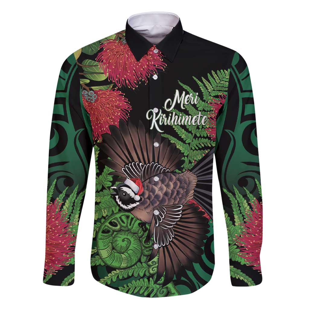 Meri Kirihimete New Zealand Family Matching Short Sleeve Bodycon Dress and Hawaiian Shirt Piwakawaka Koru Fern Mix Pohutukawa LT14 Dad's Shirt - Long Sleeve Black - Polynesian Pride