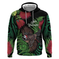 Meri Kirihimete New Zealand Hoodie Piwakawaka Koru Fern Mix Pohutukawa LT14 Pullover Hoodie Black - Polynesian Pride