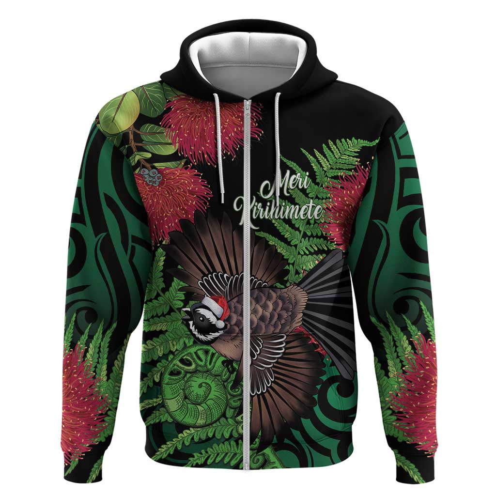 Meri Kirihimete New Zealand Hoodie Piwakawaka Koru Fern Mix Pohutukawa LT14 Zip Hoodie Black - Polynesian Pride