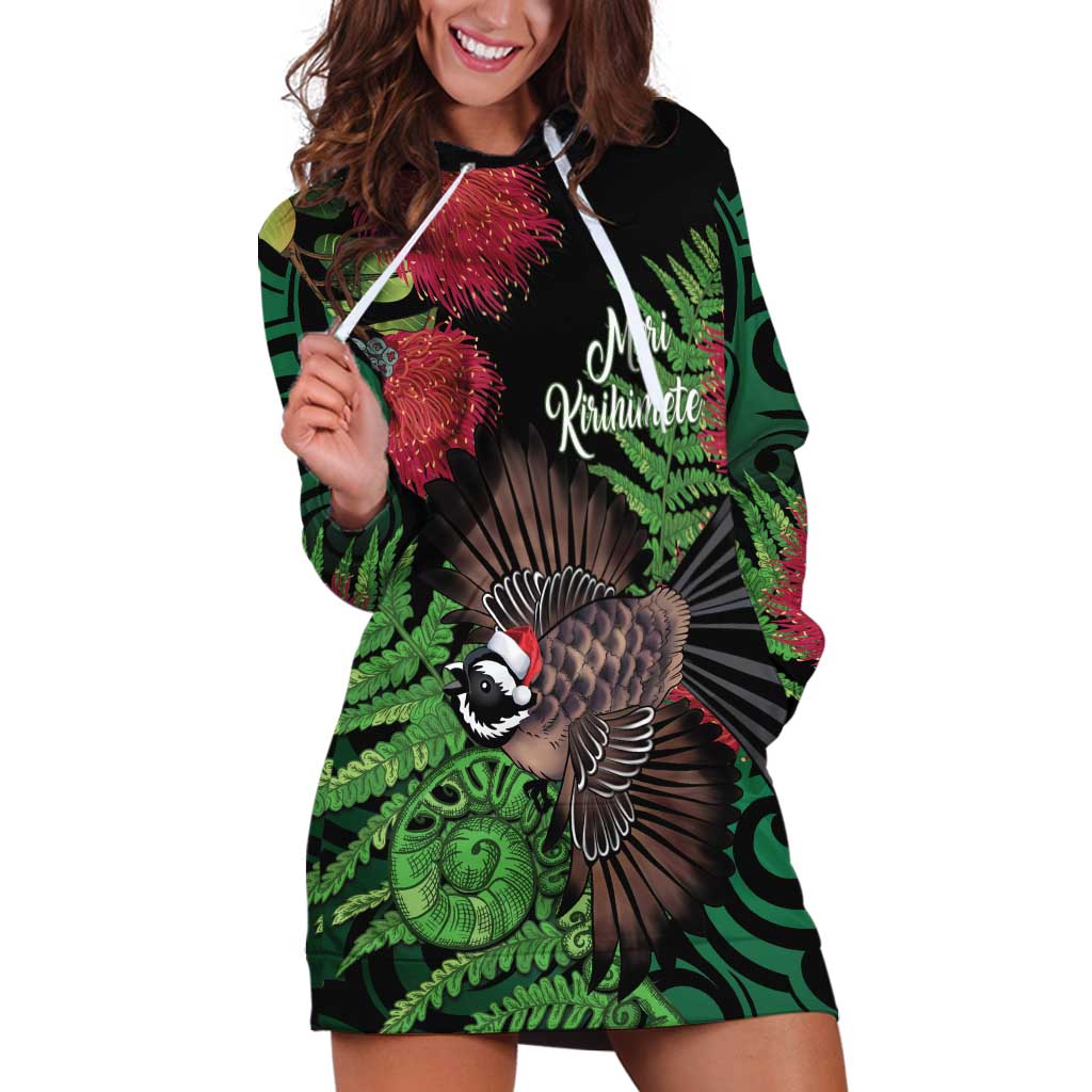 Meri Kirihimete New Zealand Hoodie Dress Piwakawaka Koru Fern Mix Pohutukawa LT14 Black - Polynesian Pride