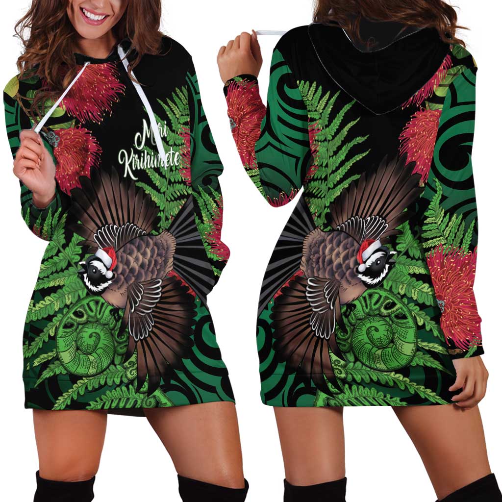 Meri Kirihimete New Zealand Hoodie Dress Piwakawaka Koru Fern Mix Pohutukawa LT14 - Polynesian Pride