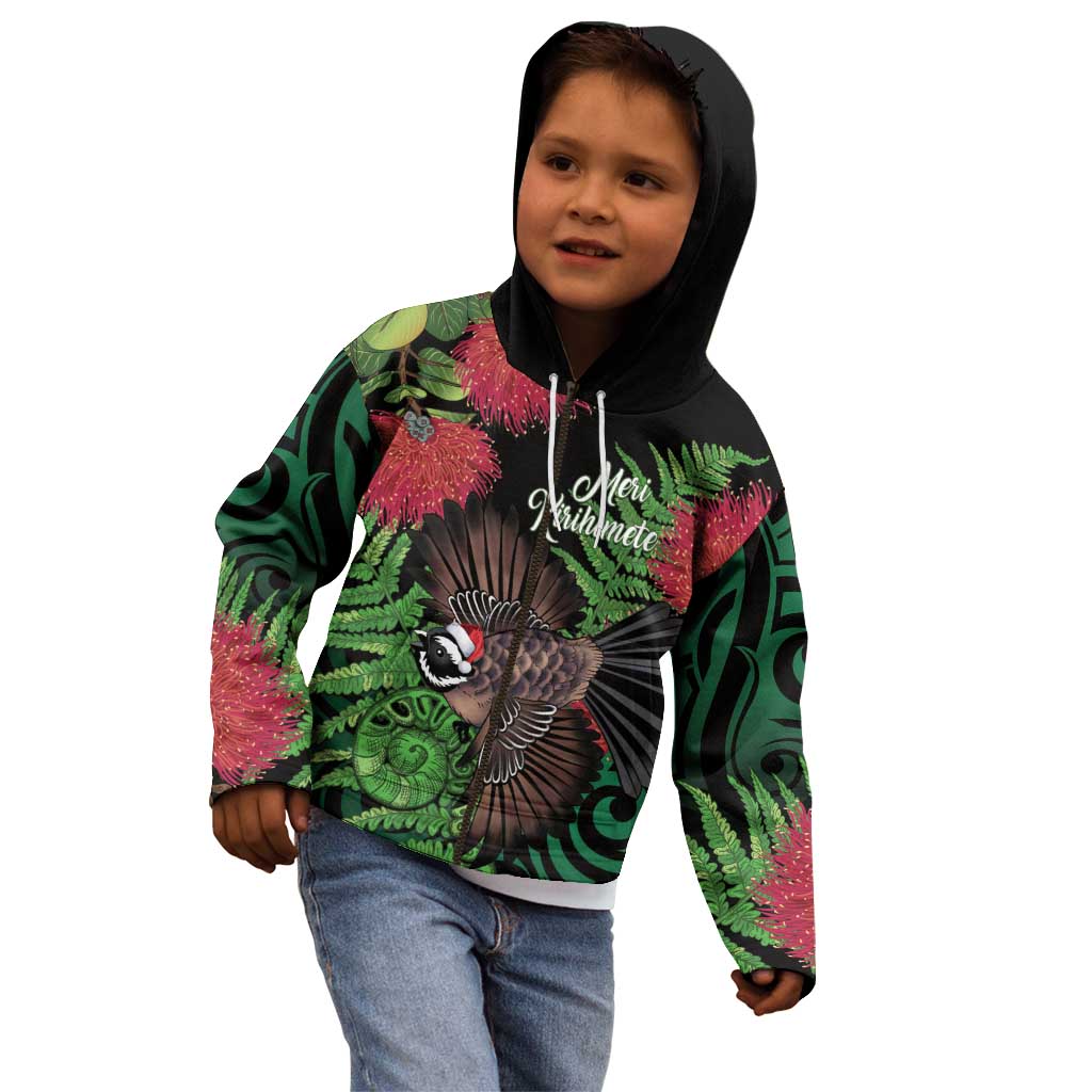 Meri Kirihimete New Zealand Kid Hoodie Piwakawaka Koru Fern Mix Pohutukawa LT14 - Polynesian Pride