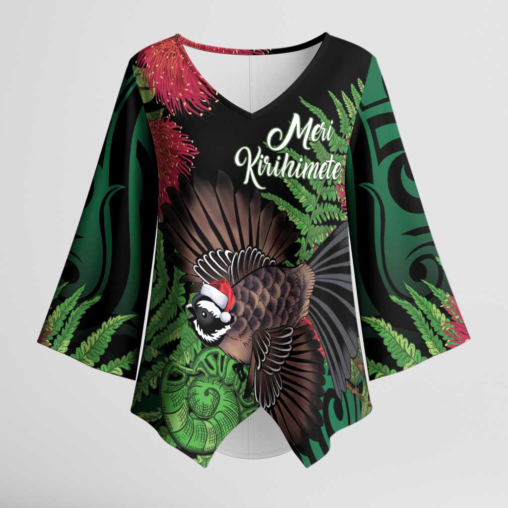 Meri Kirihimete New Zealand Kimono Sleeve Blouse Piwakawaka Koru Fern Mix Pohutukawa LT14 Female Black - Polynesian Pride