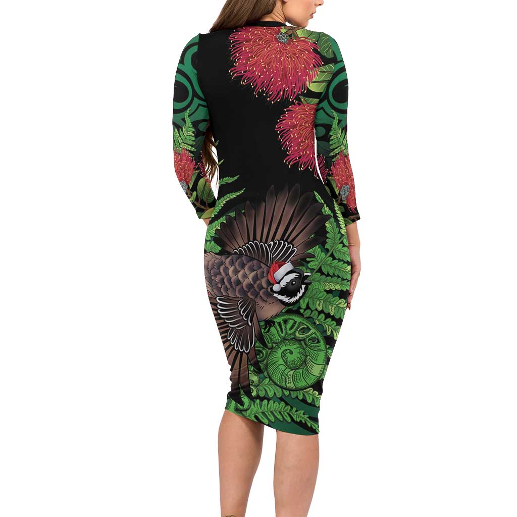 Meri Kirihimete New Zealand Long Sleeve Bodycon Dress Piwakawaka Koru Fern Mix Pohutukawa LT14 - Polynesian Pride