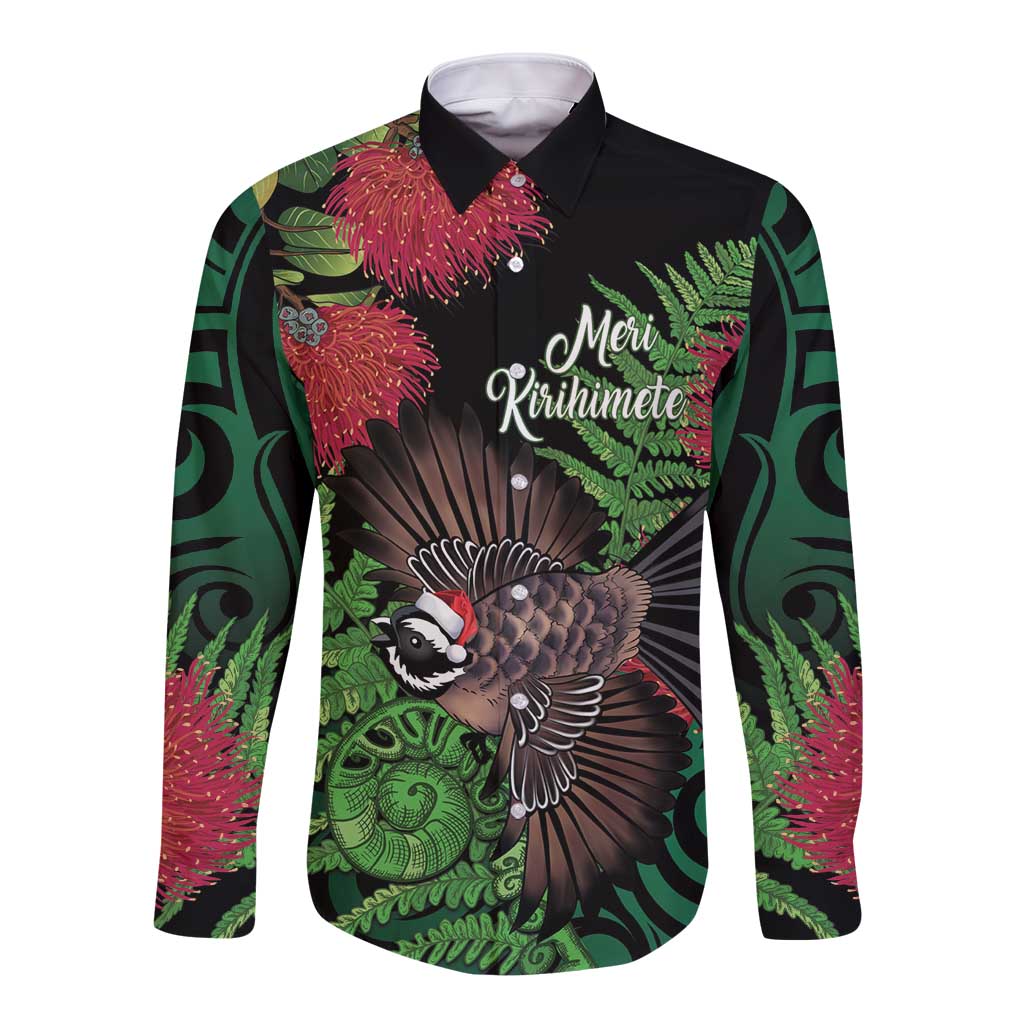Meri Kirihimete New Zealand Long Sleeve Button Shirt Piwakawaka Koru Fern Mix Pohutukawa LT14 Unisex Black - Polynesian Pride
