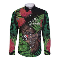 Meri Kirihimete New Zealand Long Sleeve Button Shirt Piwakawaka Koru Fern Mix Pohutukawa LT14 Unisex Black - Polynesian Pride