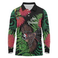 Meri Kirihimete New Zealand Long Sleeve Polo Shirt Piwakawaka Koru Fern Mix Pohutukawa LT14 Black - Polynesian Pride