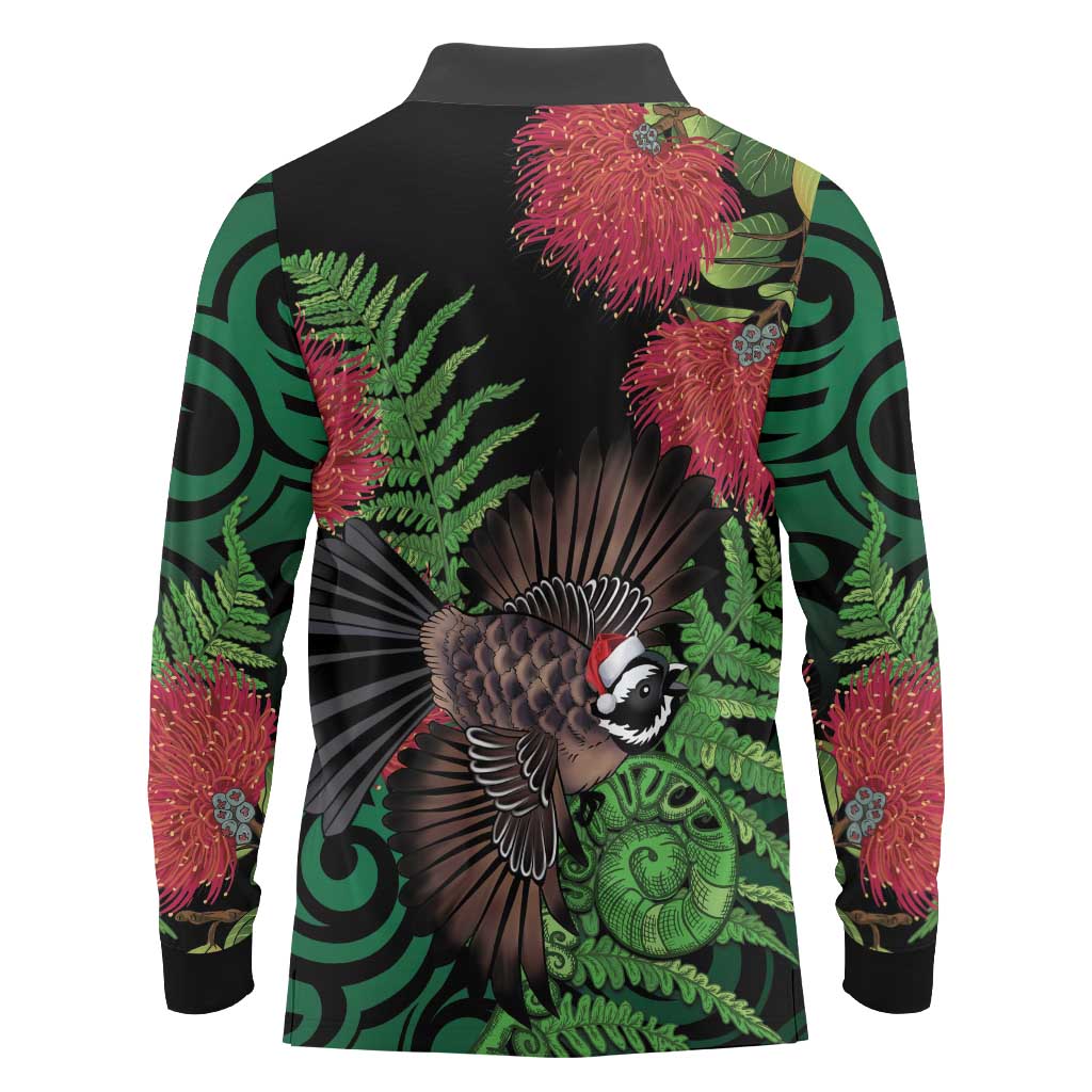 Meri Kirihimete New Zealand Long Sleeve Polo Shirt Piwakawaka Koru Fern Mix Pohutukawa LT14 - Polynesian Pride