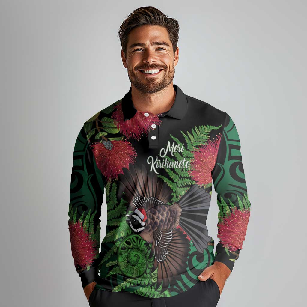 Meri Kirihimete New Zealand Long Sleeve Polo Shirt Piwakawaka Koru Fern Mix Pohutukawa LT14 - Polynesian Pride