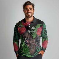 Meri Kirihimete New Zealand Long Sleeve Polo Shirt Piwakawaka Koru Fern Mix Pohutukawa LT14 - Polynesian Pride