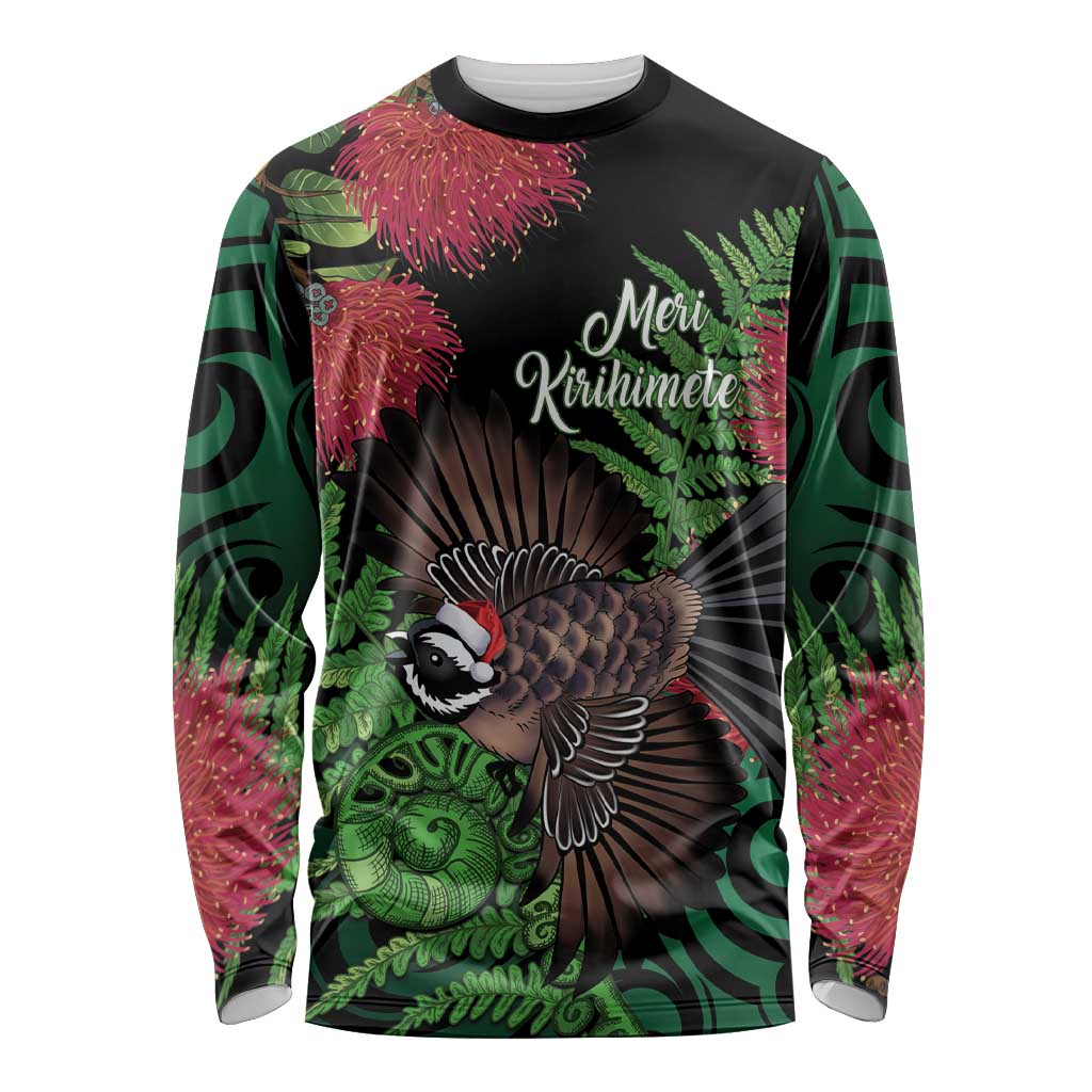 Meri Kirihimete New Zealand Long Sleeve Shirt Piwakawaka Koru Fern Mix Pohutukawa LT14 Unisex Black - Polynesian Pride