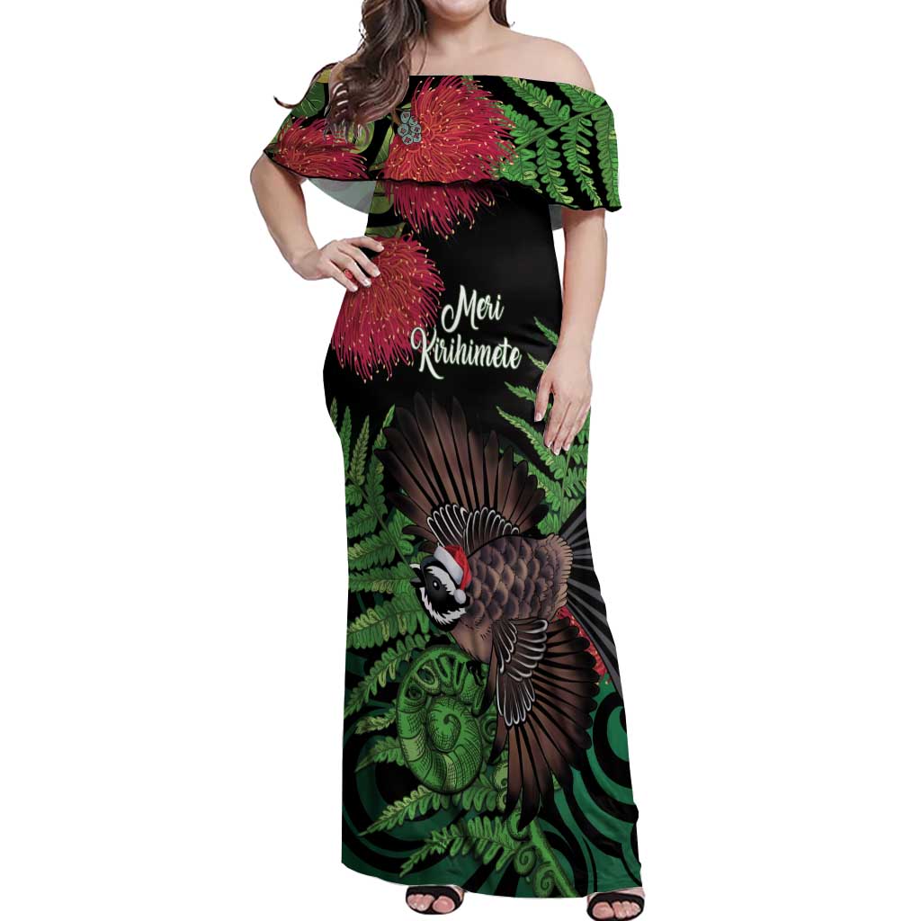 Meri Kirihimete New Zealand Off Shoulder Maxi Dress Piwakawaka Koru Fern Mix Pohutukawa LT14 Women Black - Polynesian Pride