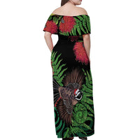 Meri Kirihimete New Zealand Off Shoulder Maxi Dress Piwakawaka Koru Fern Mix Pohutukawa LT14 - Polynesian Pride
