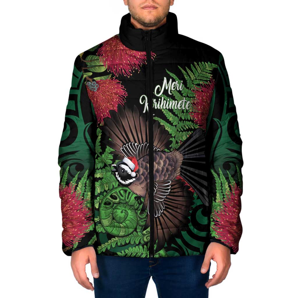 Meri Kirihimete New Zealand Padded Jacket Piwakawaka Koru Fern Mix Pohutukawa LT14 Men Black - Polynesian Pride