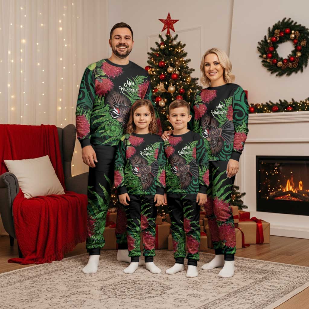 Meri Kirihimete New Zealand Christmas Pajama Set Piwakawaka Koru Fern Mix Pohutukawa - Polynesian Pride