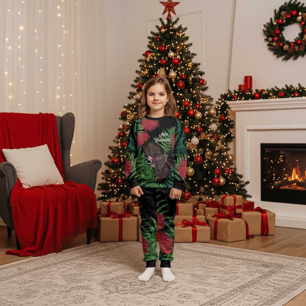 Meri Kirihimete New Zealand Christmas Pajama Set Piwakawaka Koru Fern Mix Pohutukawa LT14 Kid Black - Polynesian Pride