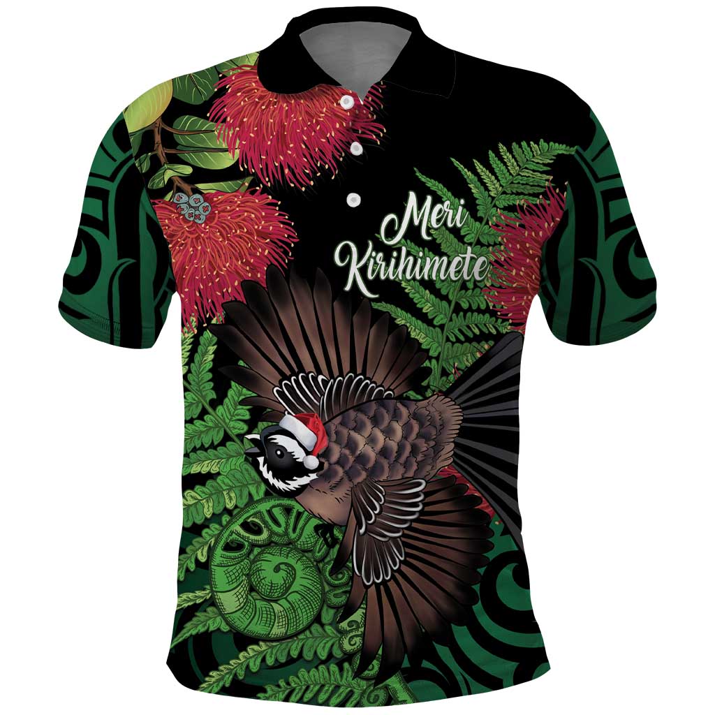 Meri Kirihimete New Zealand Polo Shirt Piwakawaka Koru Fern Mix Pohutukawa LT14 Black - Polynesian Pride