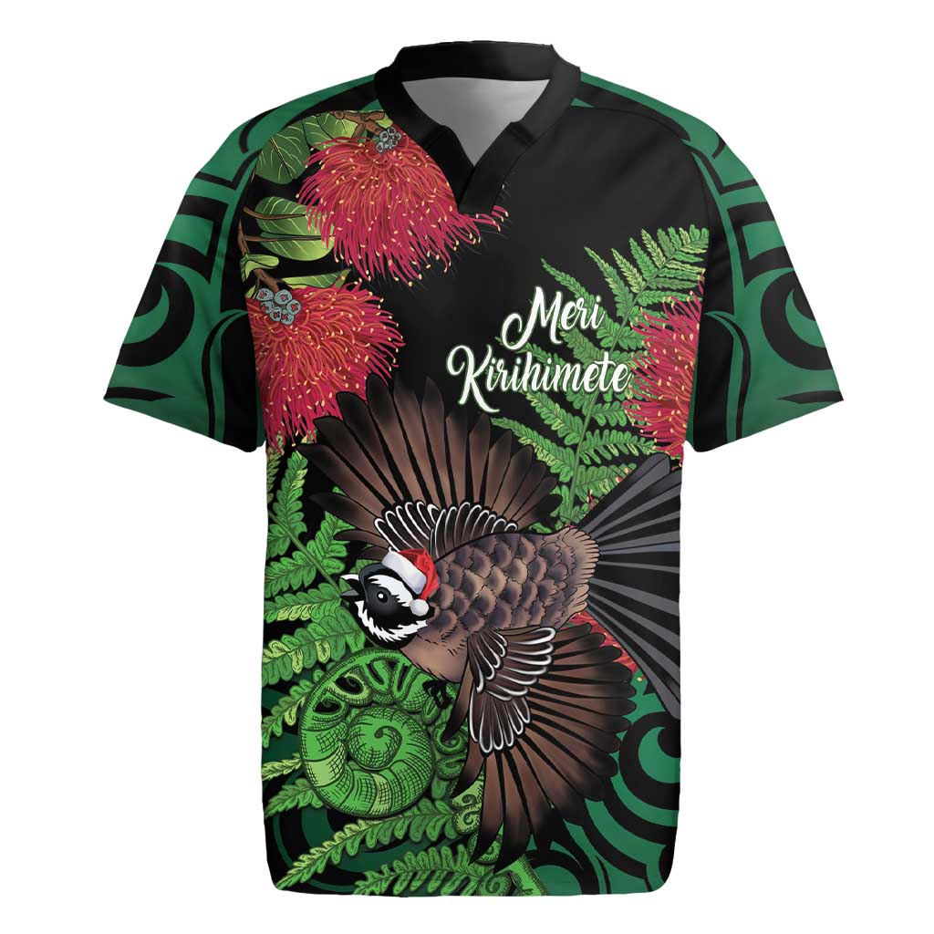 Meri Kirihimete New Zealand Rugby Jersey Piwakawaka Koru Fern Mix Pohutukawa LT14 Black - Polynesian Pride