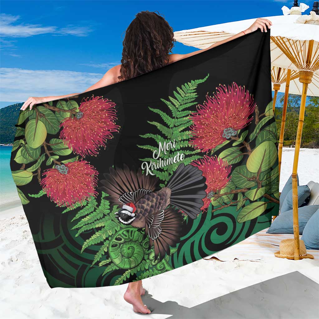 Meri Kirihimete New Zealand Sarong Piwakawaka Koru Fern Mix Pohutukawa LT14 One Size 44 x 66 inches Black - Polynesian Pride