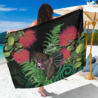Meri Kirihimete New Zealand Sarong Piwakawaka Koru Fern Mix Pohutukawa LT14 One Size 44 x 66 inches Black - Polynesian Pride