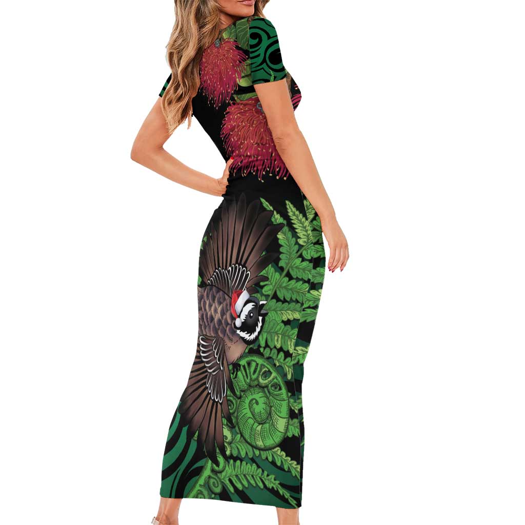 Meri Kirihimete New Zealand Short Sleeve Bodycon Dress Piwakawaka Koru Fern Mix Pohutukawa LT14 - Polynesian Pride