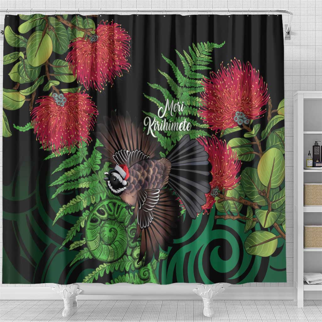 Meri Kirihimete New Zealand Shower Curtain Piwakawaka Koru Fern Mix Pohutukawa LT14 - Polynesian Pride
