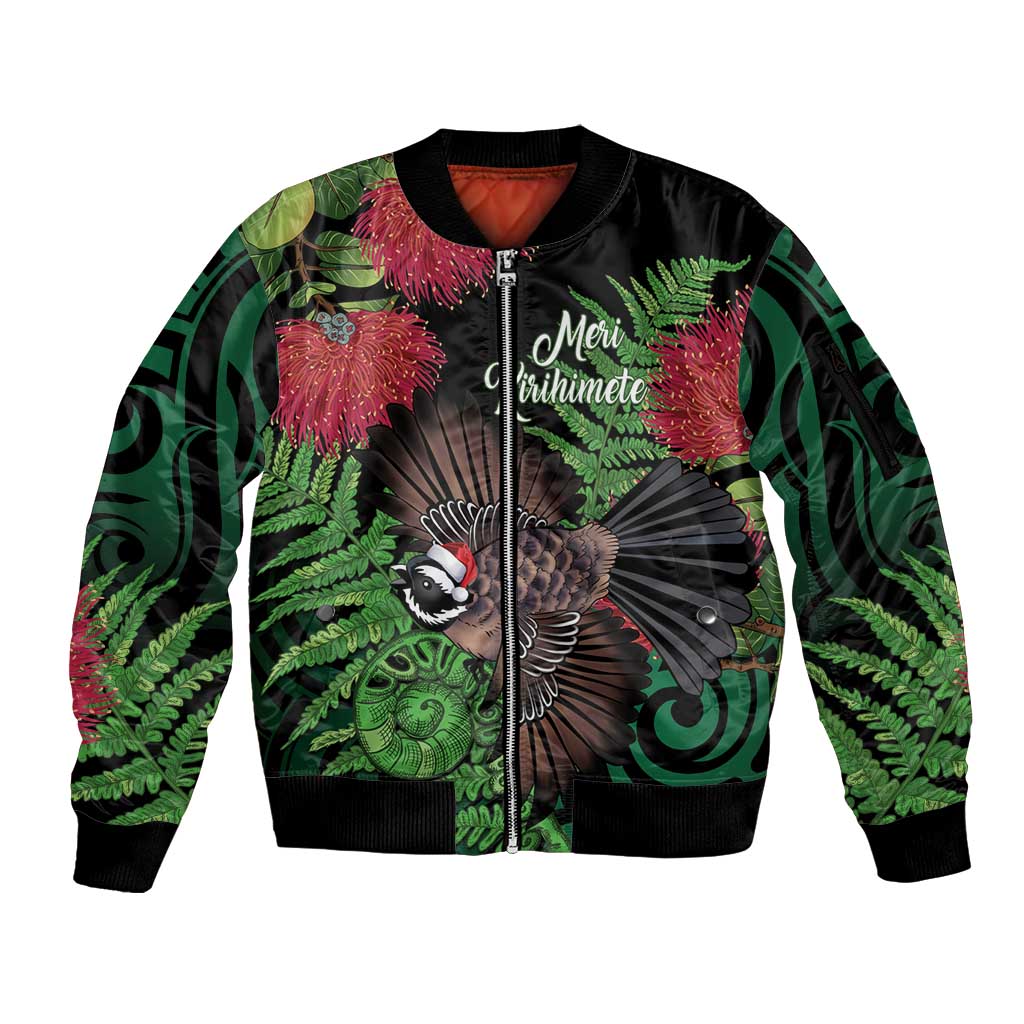 Meri Kirihimete New Zealand Sleeve Zip Bomber Jacket Piwakawaka Koru Fern Mix Pohutukawa LT14 Unisex Black - Polynesian Pride