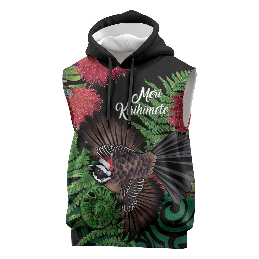 Meri Kirihimete New Zealand Sleeveless Hoodie Piwakawaka Koru Fern Mix Pohutukawa LT14 Black - Polynesian Pride