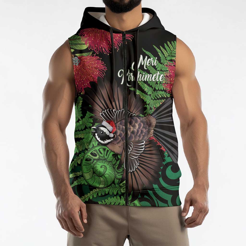Meri Kirihimete New Zealand Sleeveless Zip Hoodie Piwakawaka Koru Fern Mix Pohutukawa LT14 - Polynesian Pride
