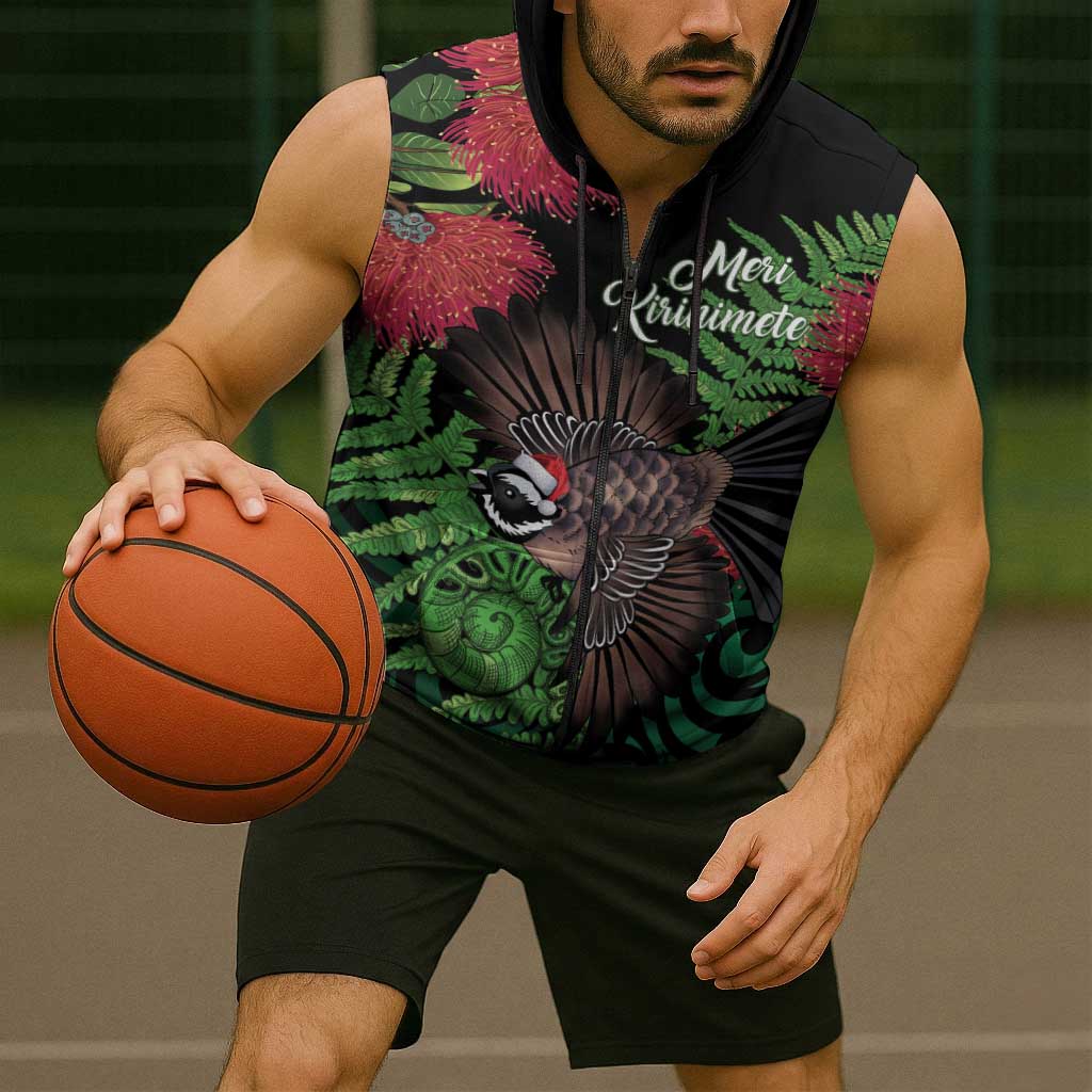 Meri Kirihimete New Zealand Sleeveless Zip Hoodie Piwakawaka Koru Fern Mix Pohutukawa LT14 - Polynesian Pride
